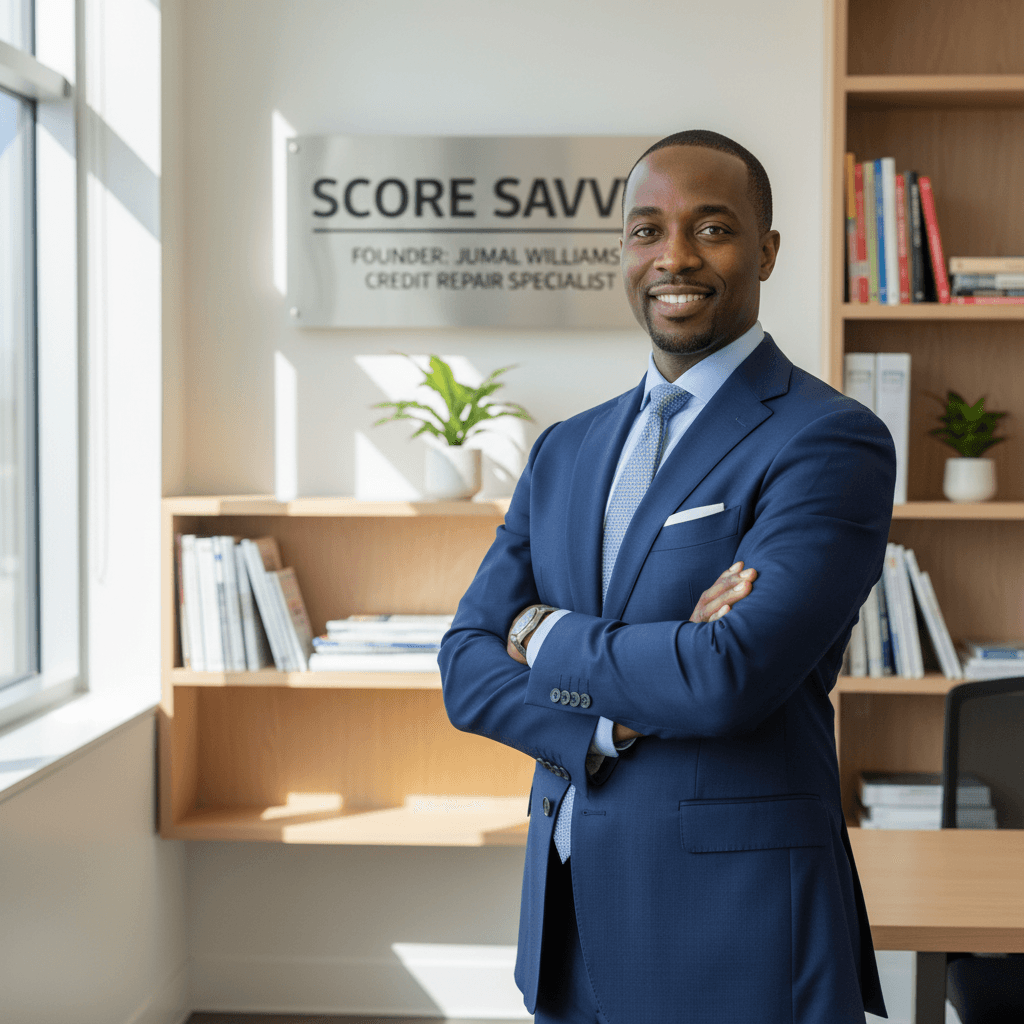Smiling Black man in a blue suit stands with arms crossed in a bright office.
