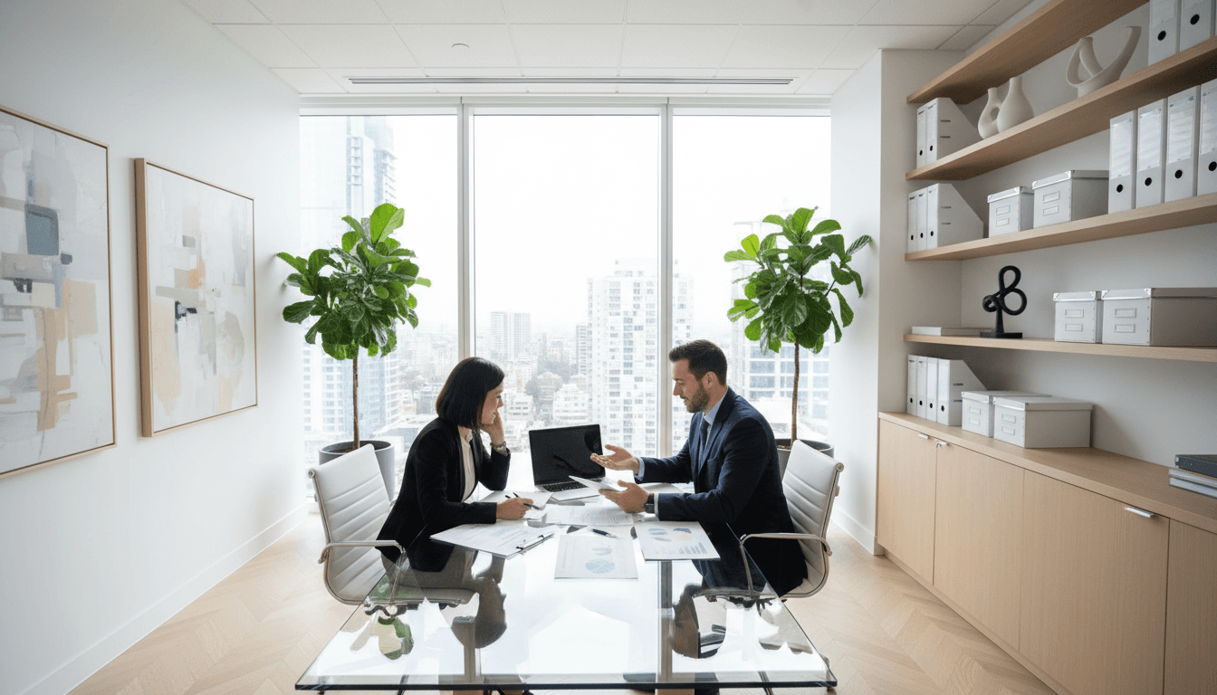 Professional consultant having an approachable conversation with a client in a bright, modern office setting