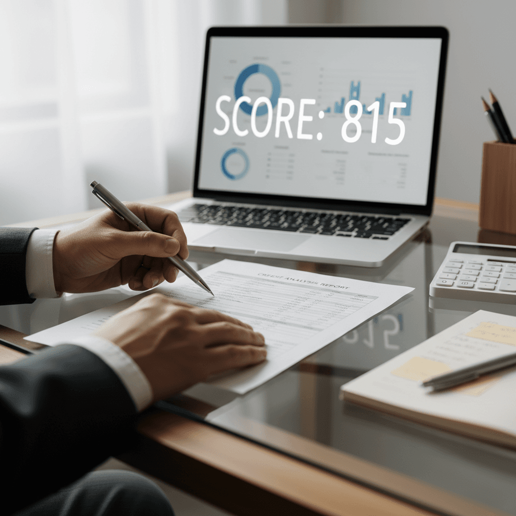 Person reviewing their improved credit report with confidence