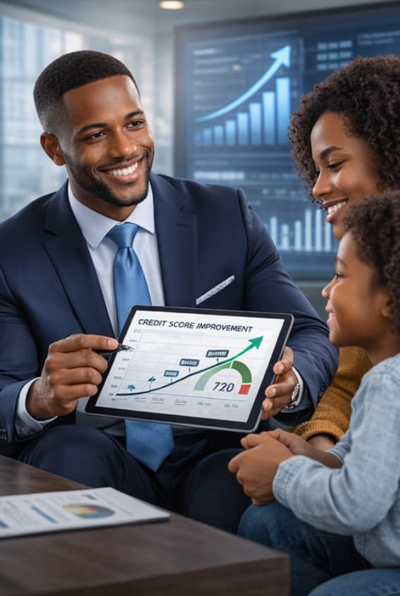 Smiling Black advisor shows a family a tablet with a rising credit score improvement graph.