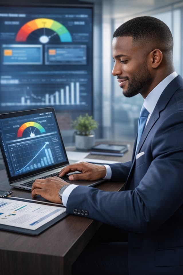 Smiling Black businessman in a suit working on a laptop with data dashboards.