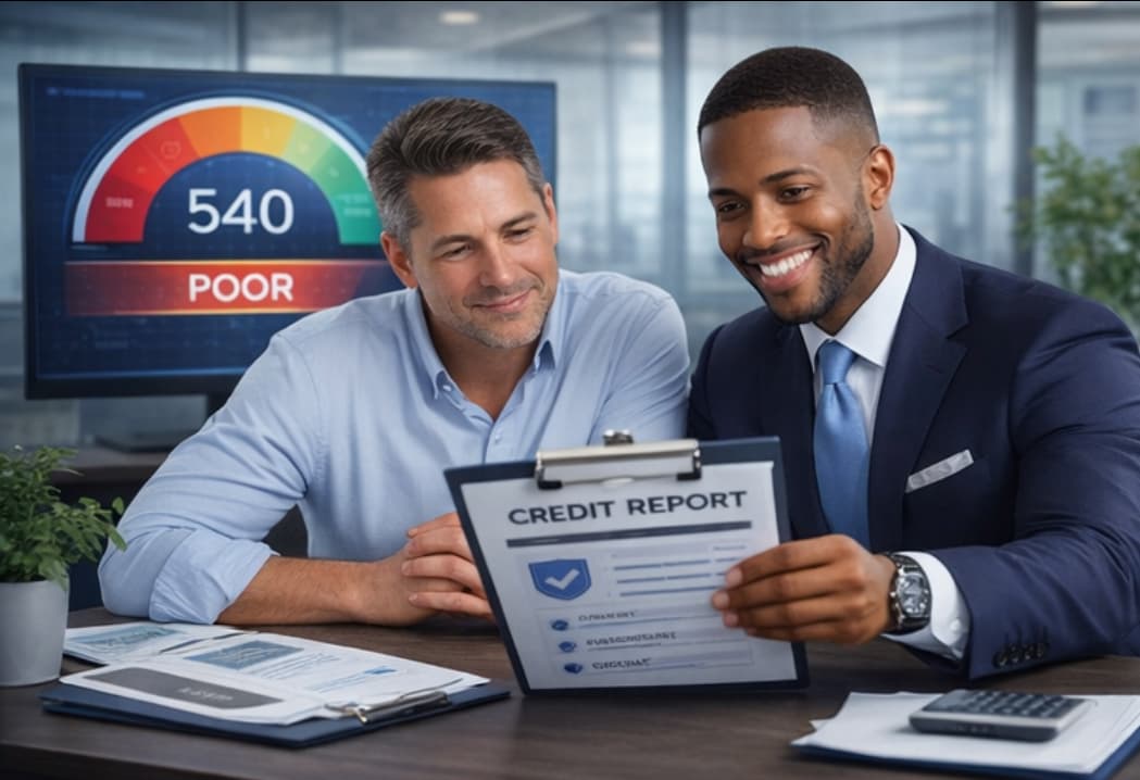 Two men review a credit report with a poor credit score displayed on a monitor.