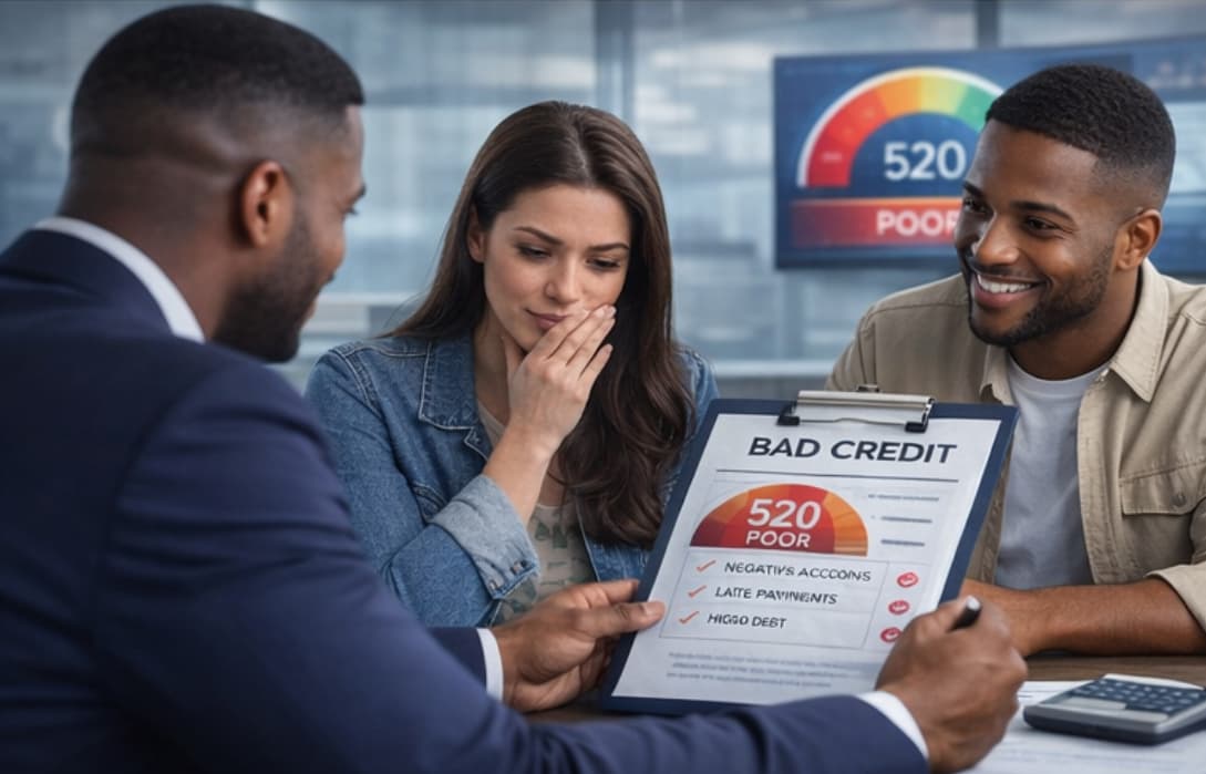 Financial advisor shows a couple a clipboard displaying a poor credit score of 520.